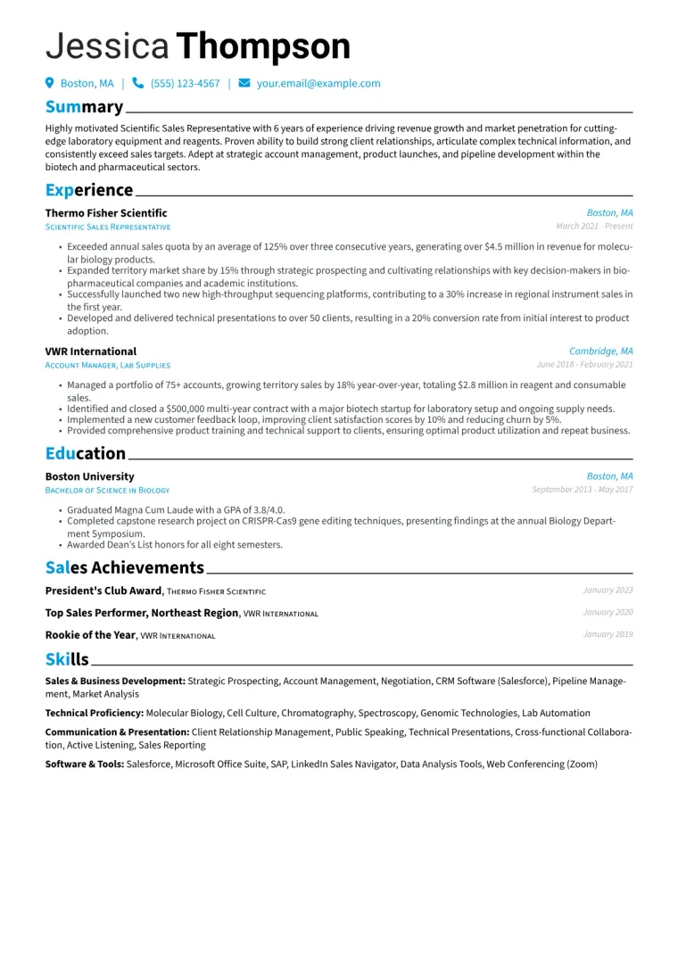 Scientific Sales Representative Resume Example CV template preview