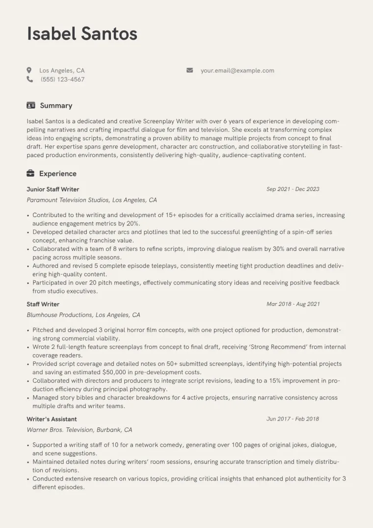 Screenplay Writer Resume Example CV template preview