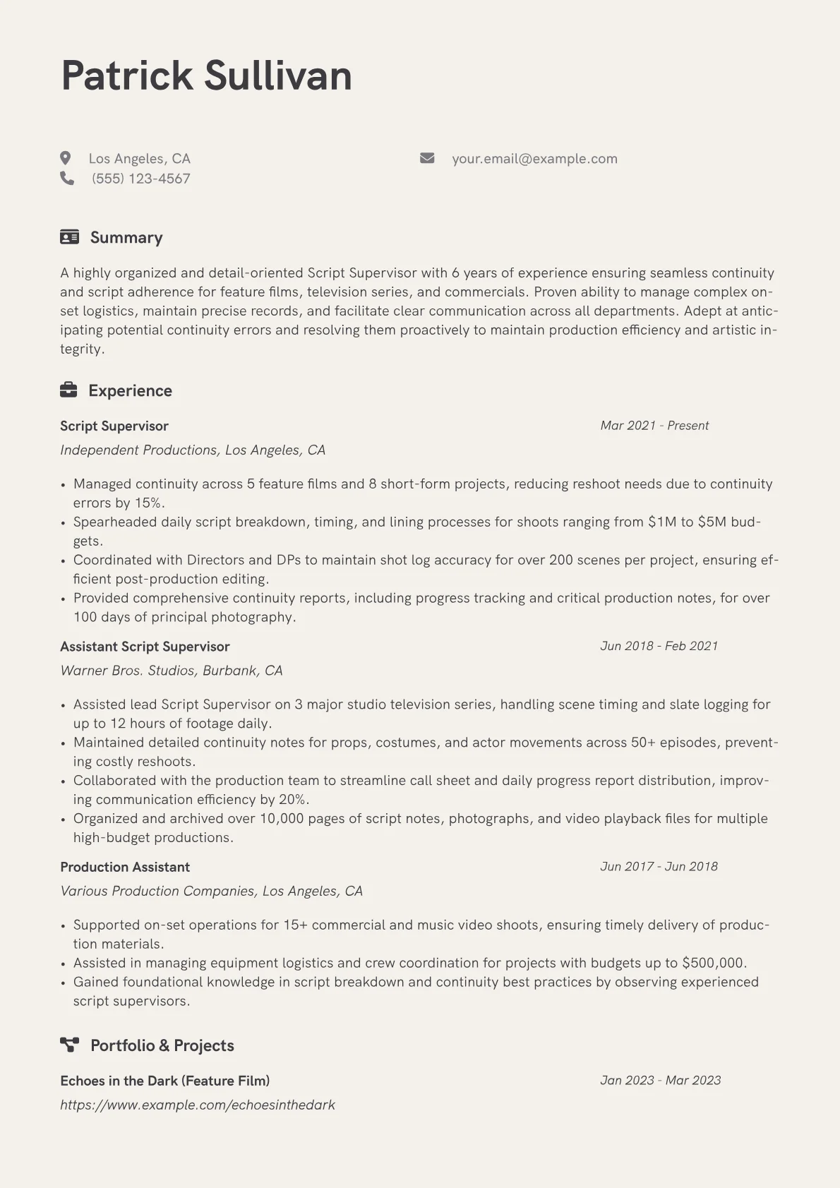 Script Supervisor Resume Example CV template - Page 1