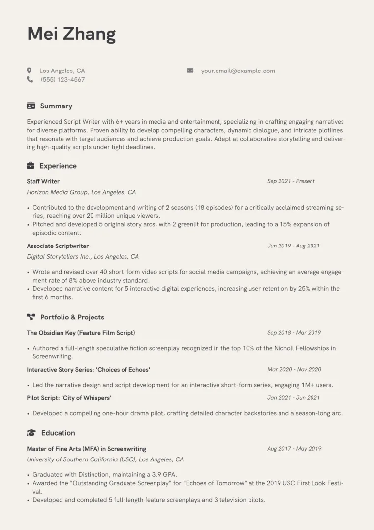 Script Writer Resume Example CV template preview