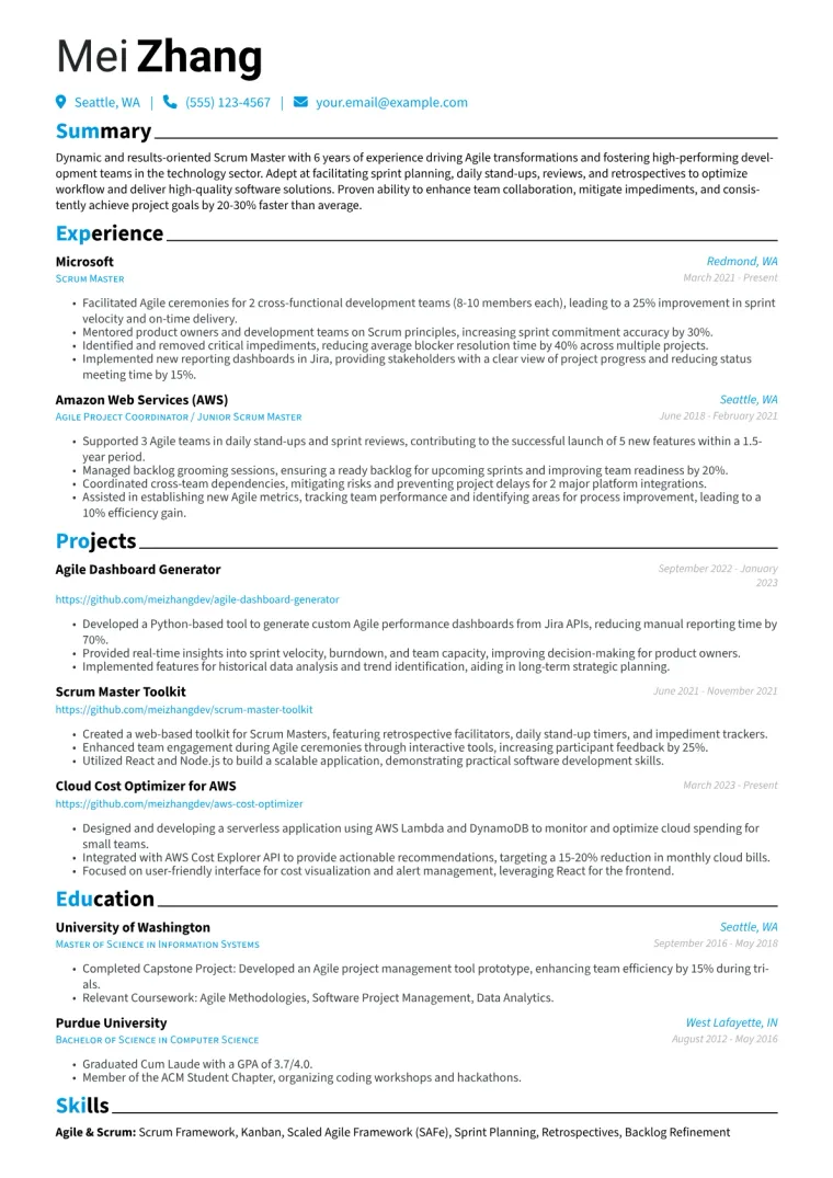 Scrum Master Resume Example CV template preview