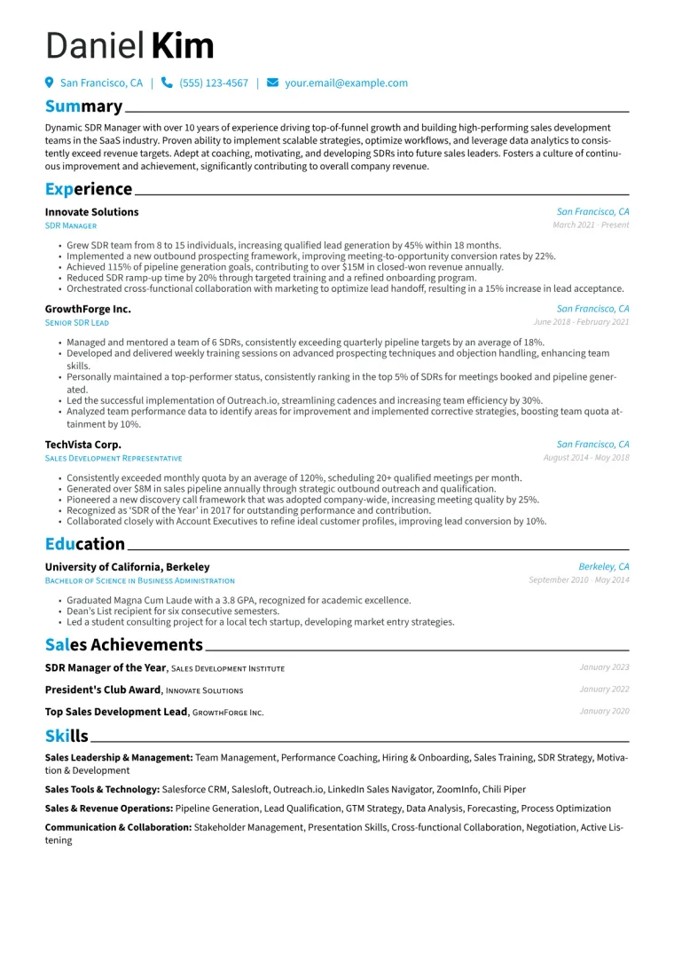 SDR Manager Resume Example CV template preview