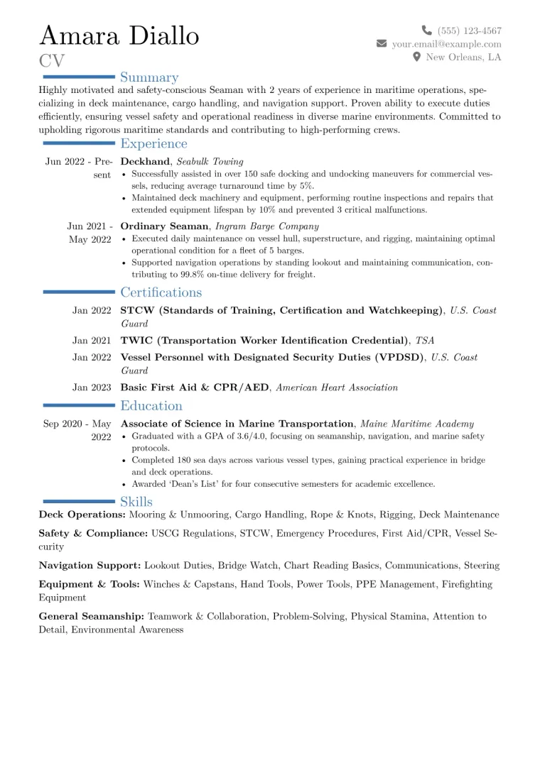 Seaman Resume Example CV template preview