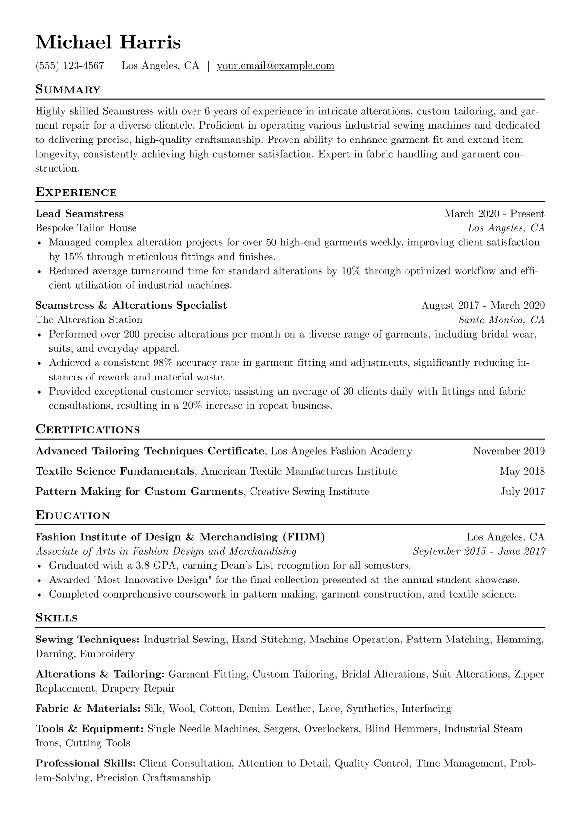 Seamstress Resume Example CV template - Page 1