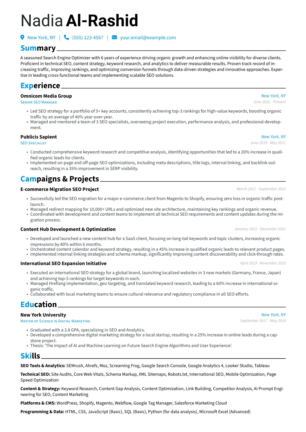 Search Engine Optimizer Resume Example CV template - Page 1
