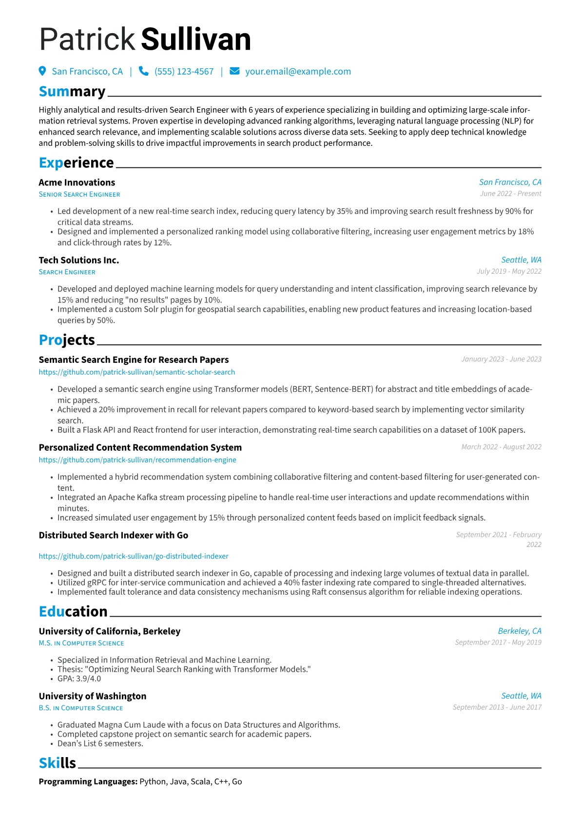 Search Engineer Resume Example CV template - Page 1
