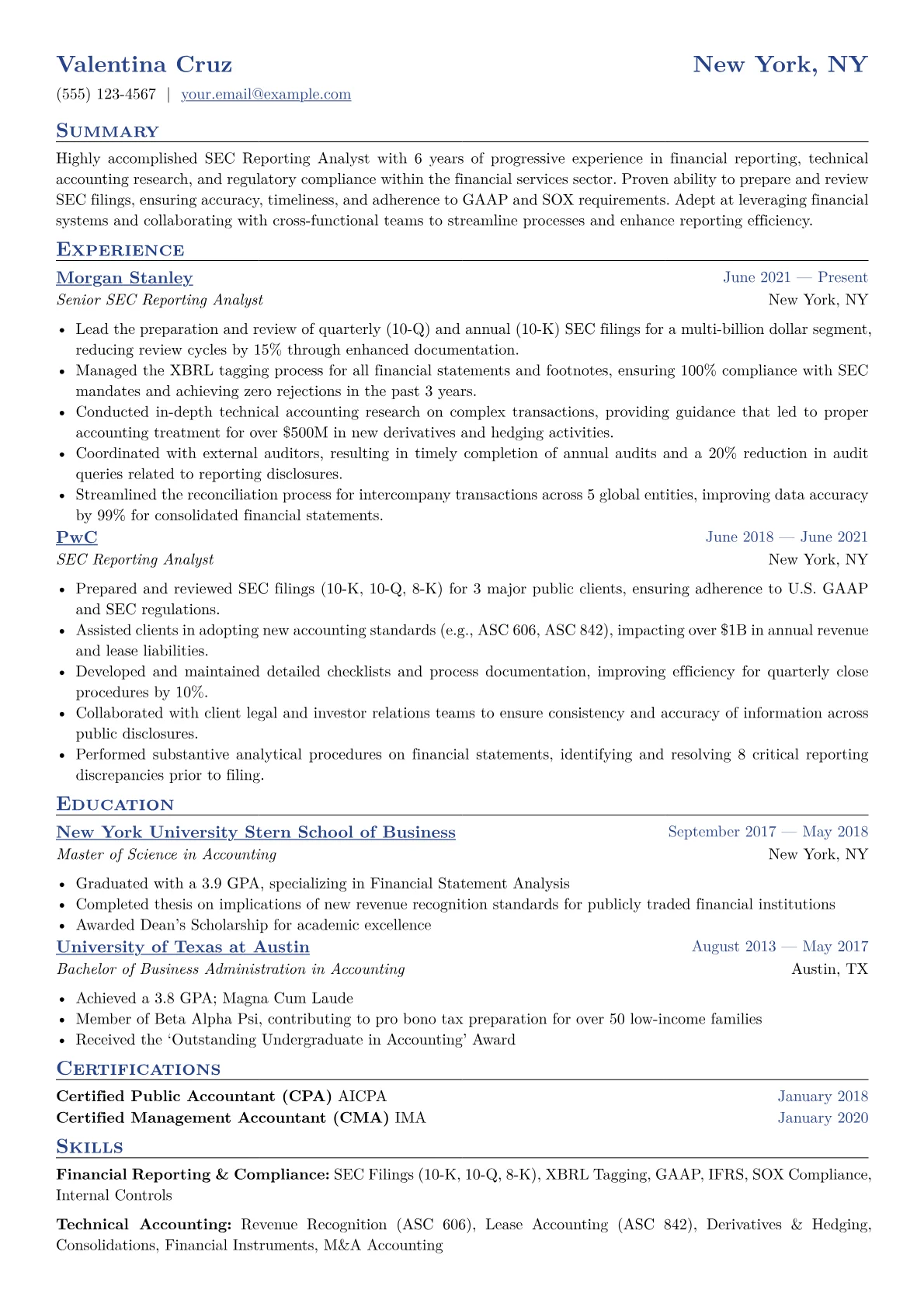 SEC Reporting Analyst Resume Example CV template - Page 1