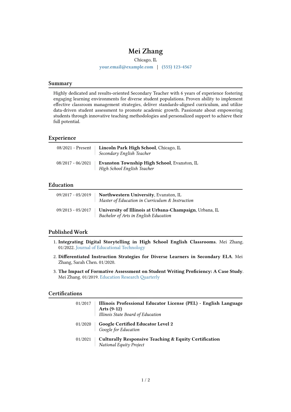 Secondary Teacher Resume Example CV template - Page 1