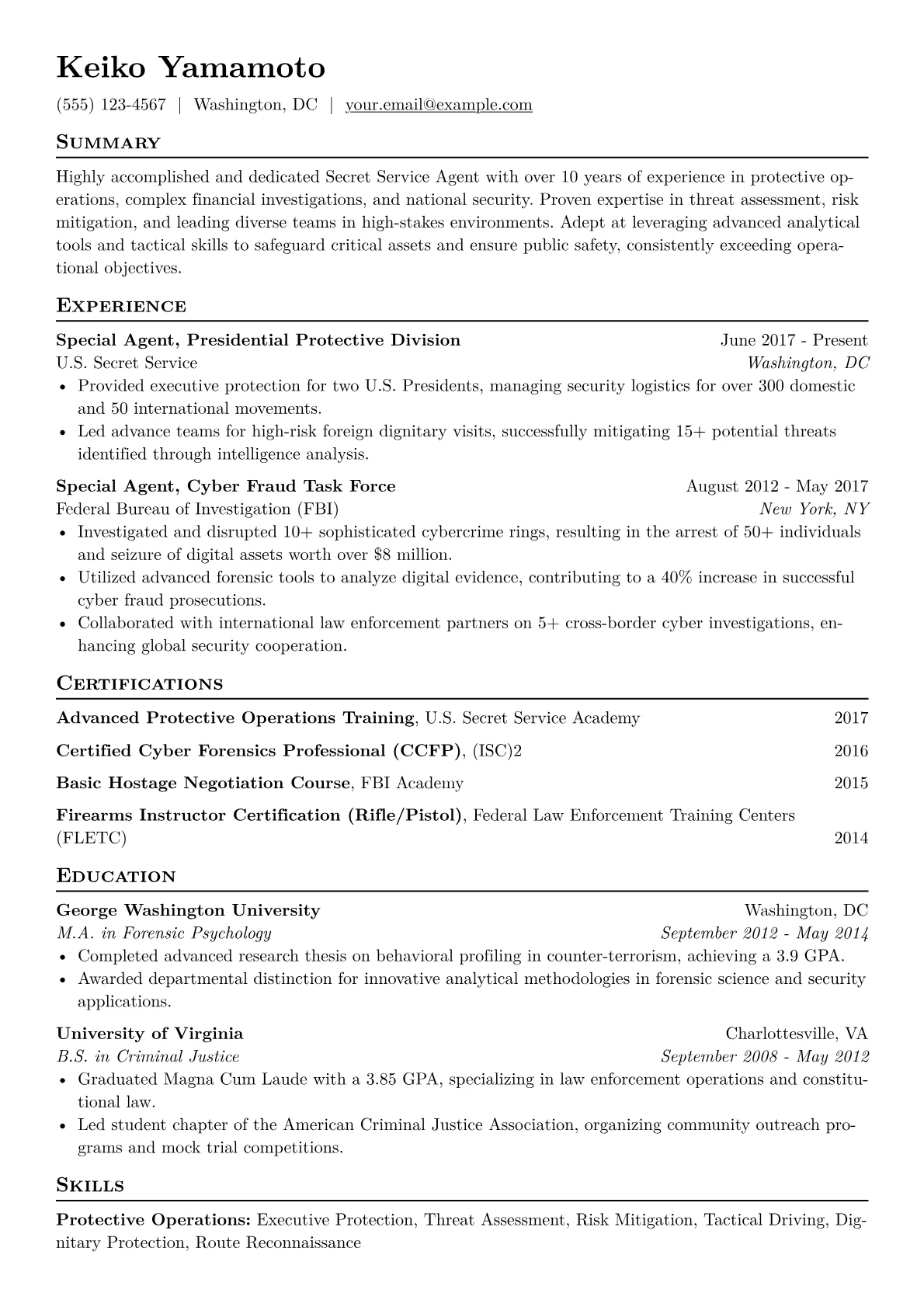 Secret Service Agent Resume Example CV template - Page 1