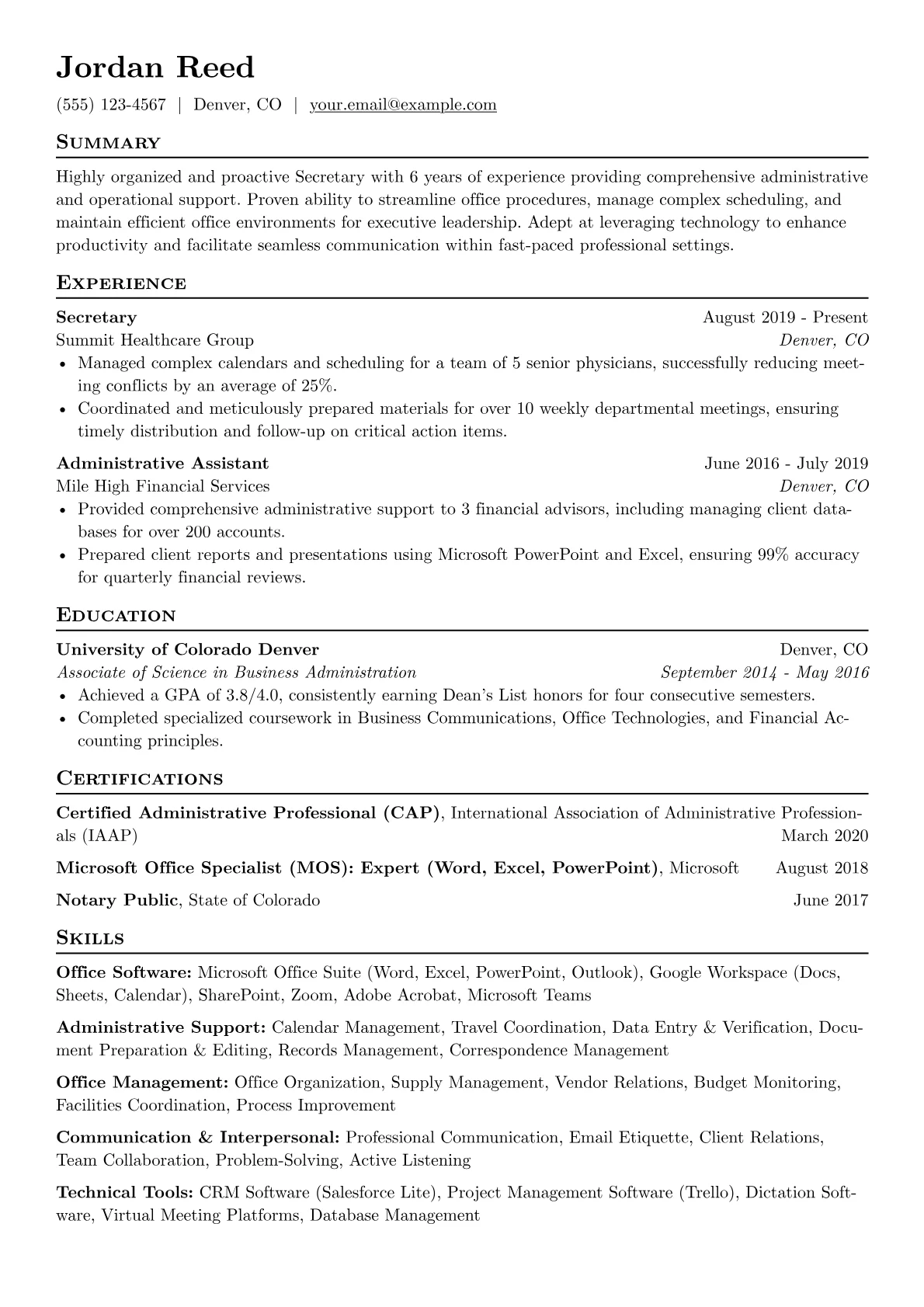 Secretary Resume Example CV template - Page 1