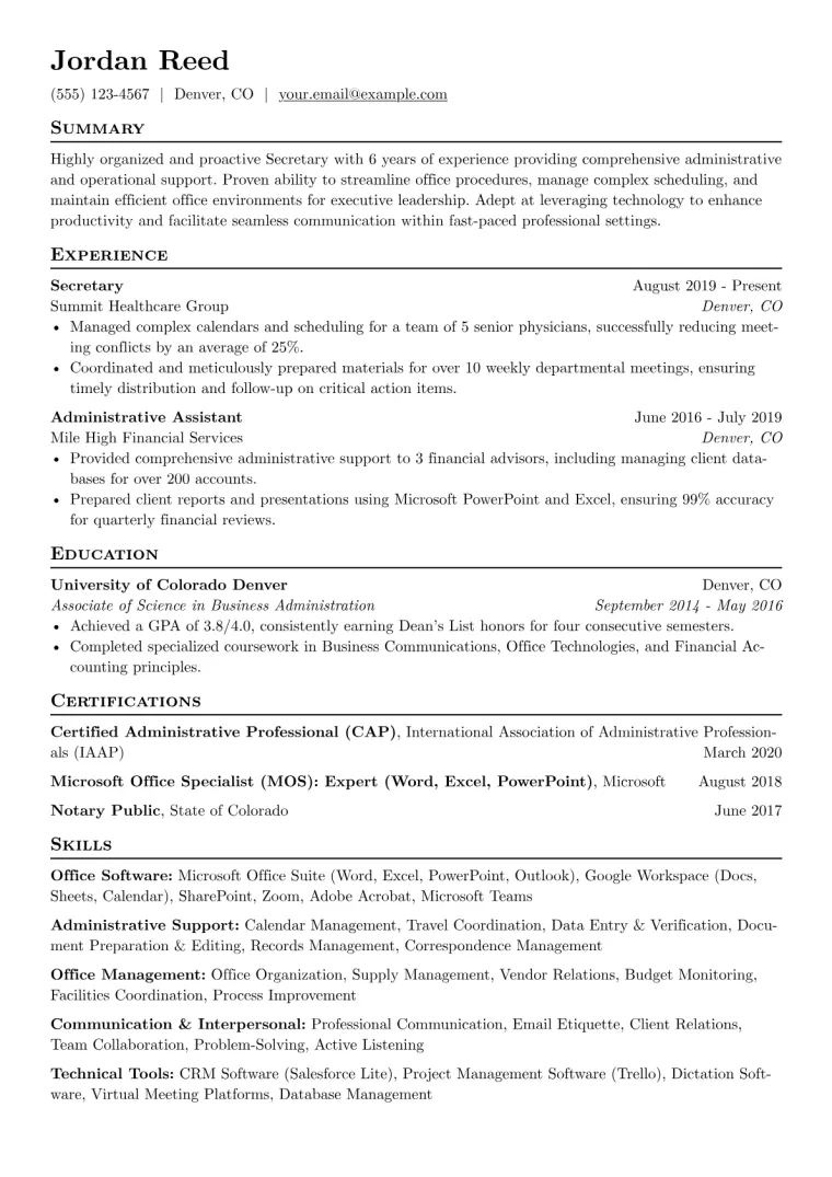 Secretary Resume Example CV template preview