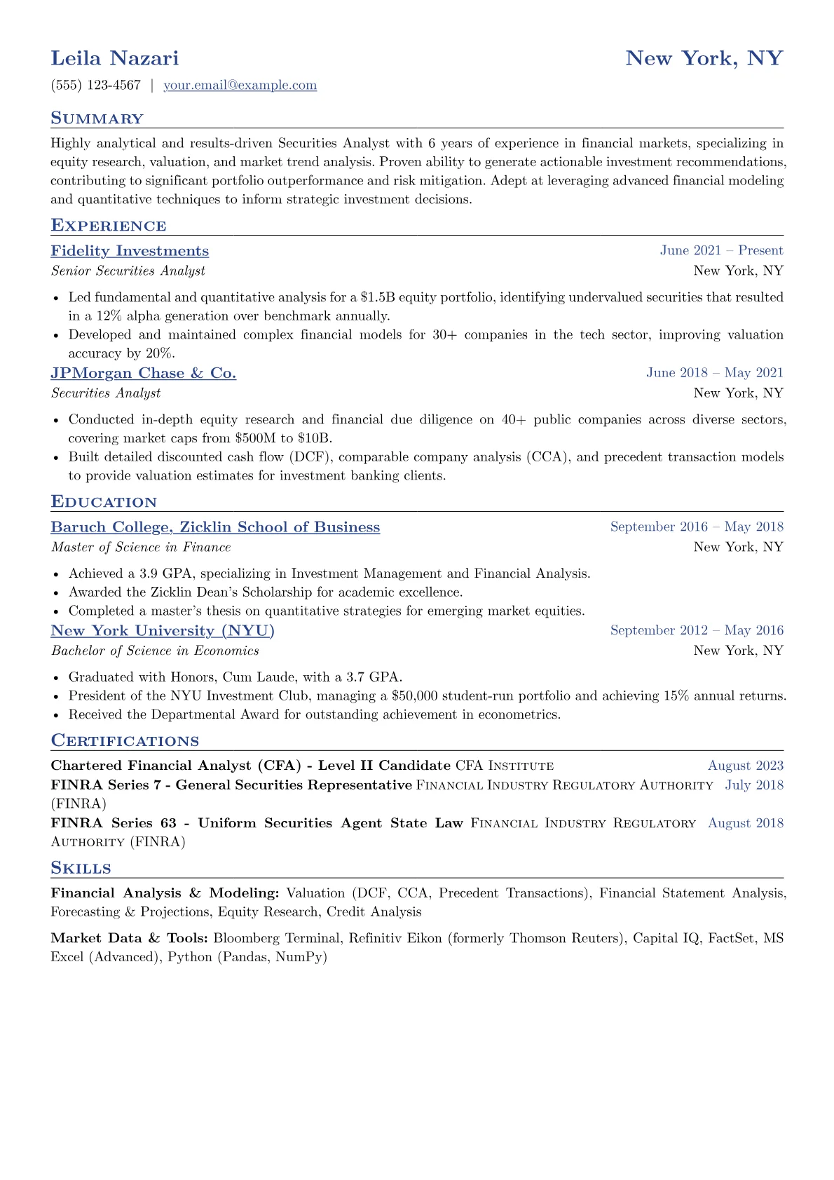 Securities Analyst Resume Example CV template - Page 1