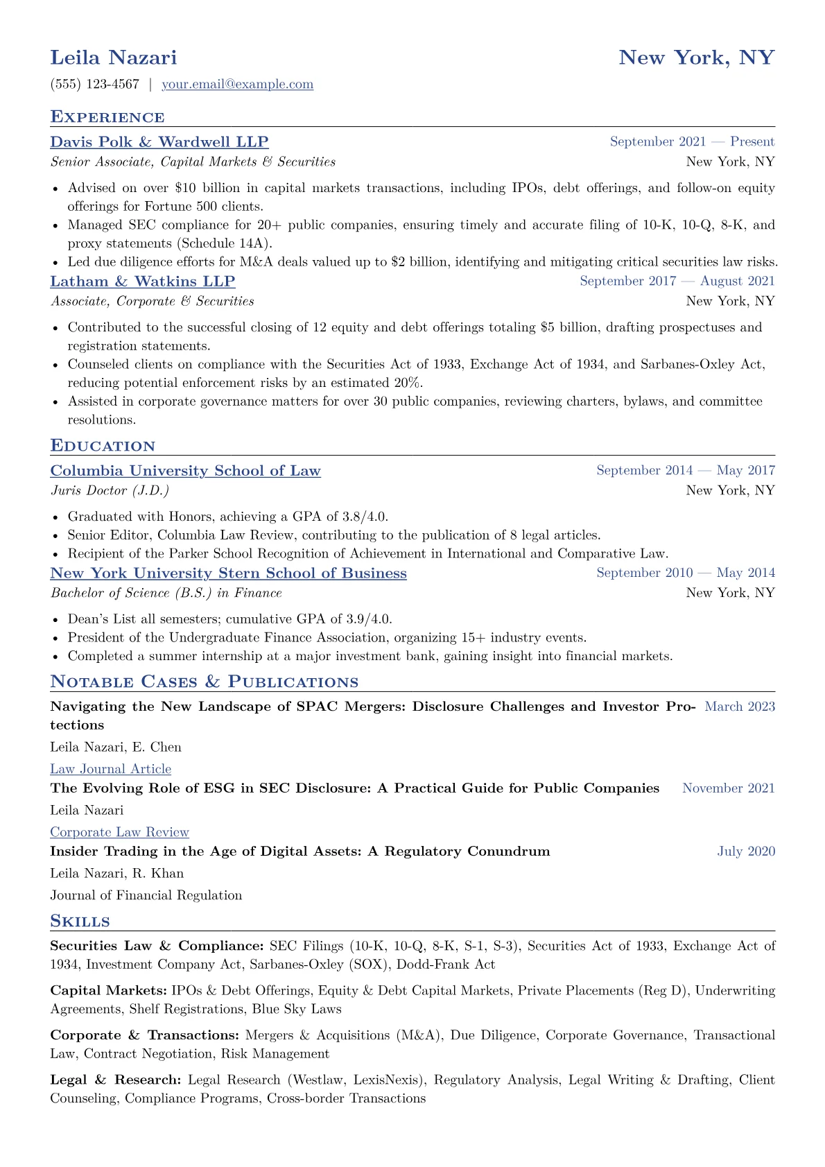 Securities Lawyer Resume Example CV template - Page 1