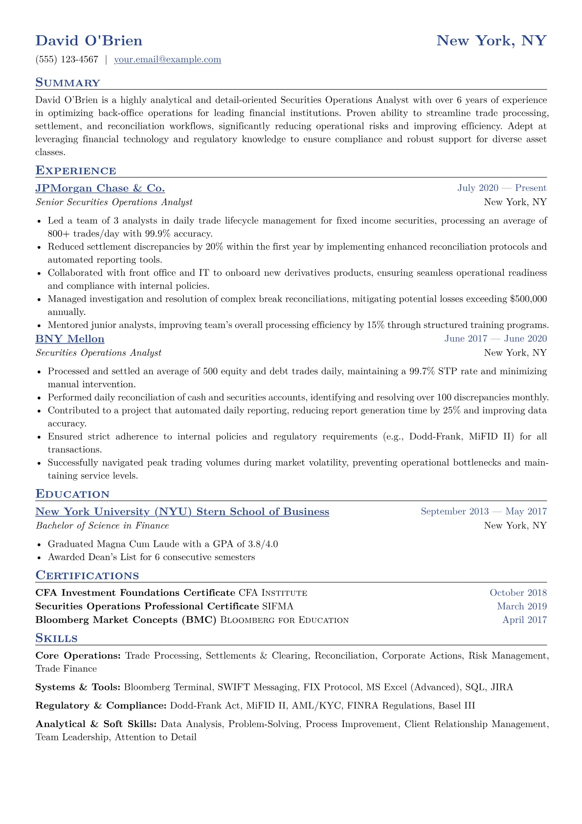 Securities Operations Analyst Resume Example CV template - Page 1