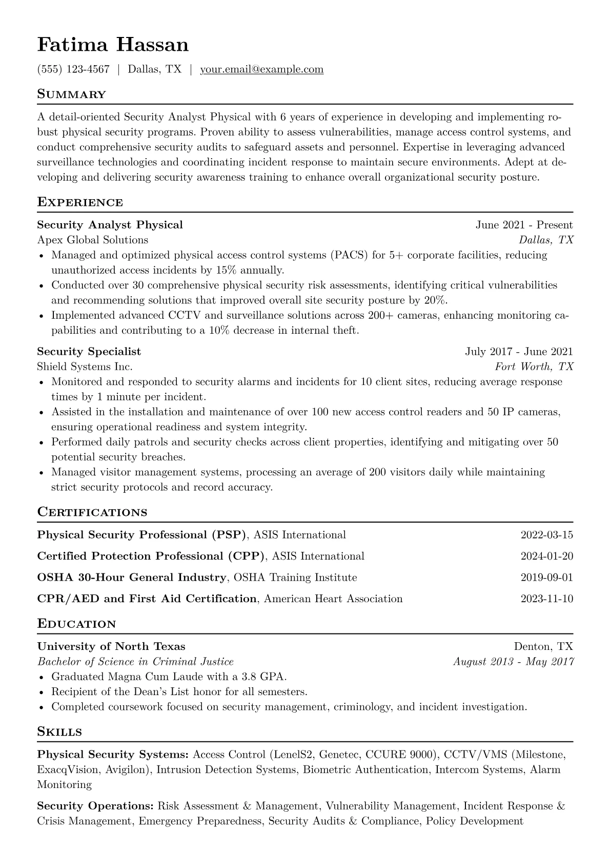 Security Analyst Physical Resume Example CV template - Page 1