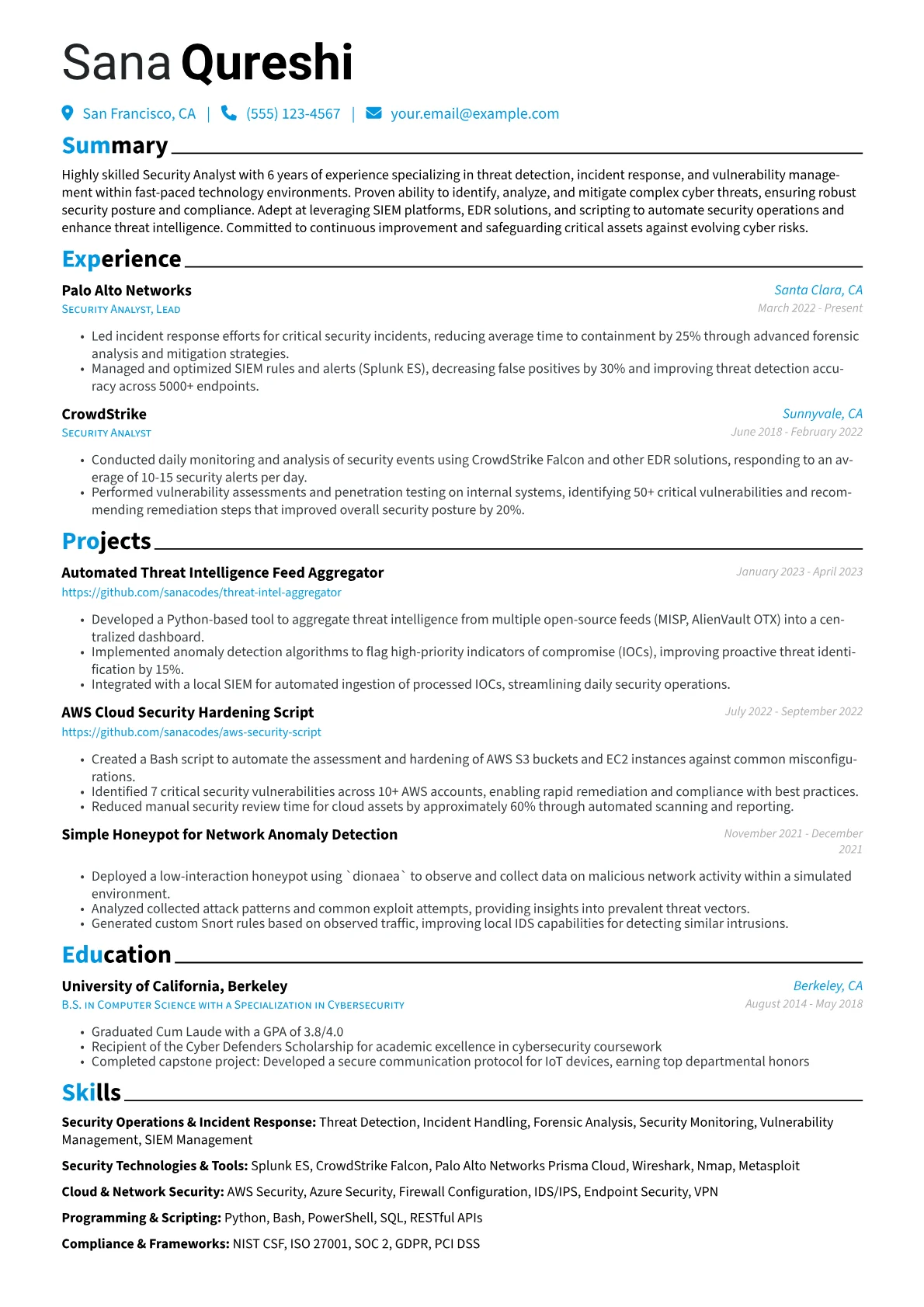 Security Analyst Resume Example CV template - Page 1