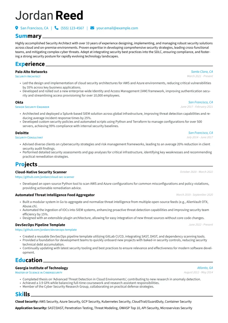 Security Architect Resume Example CV template preview