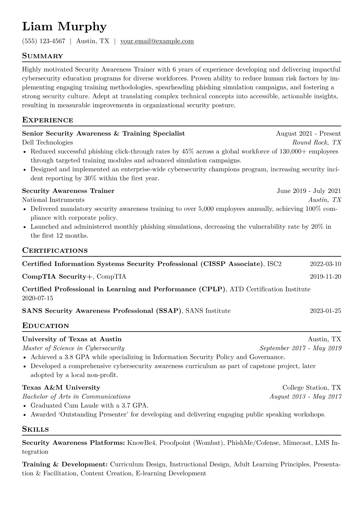 Security Awareness Trainer Resume Example CV template - Page 1