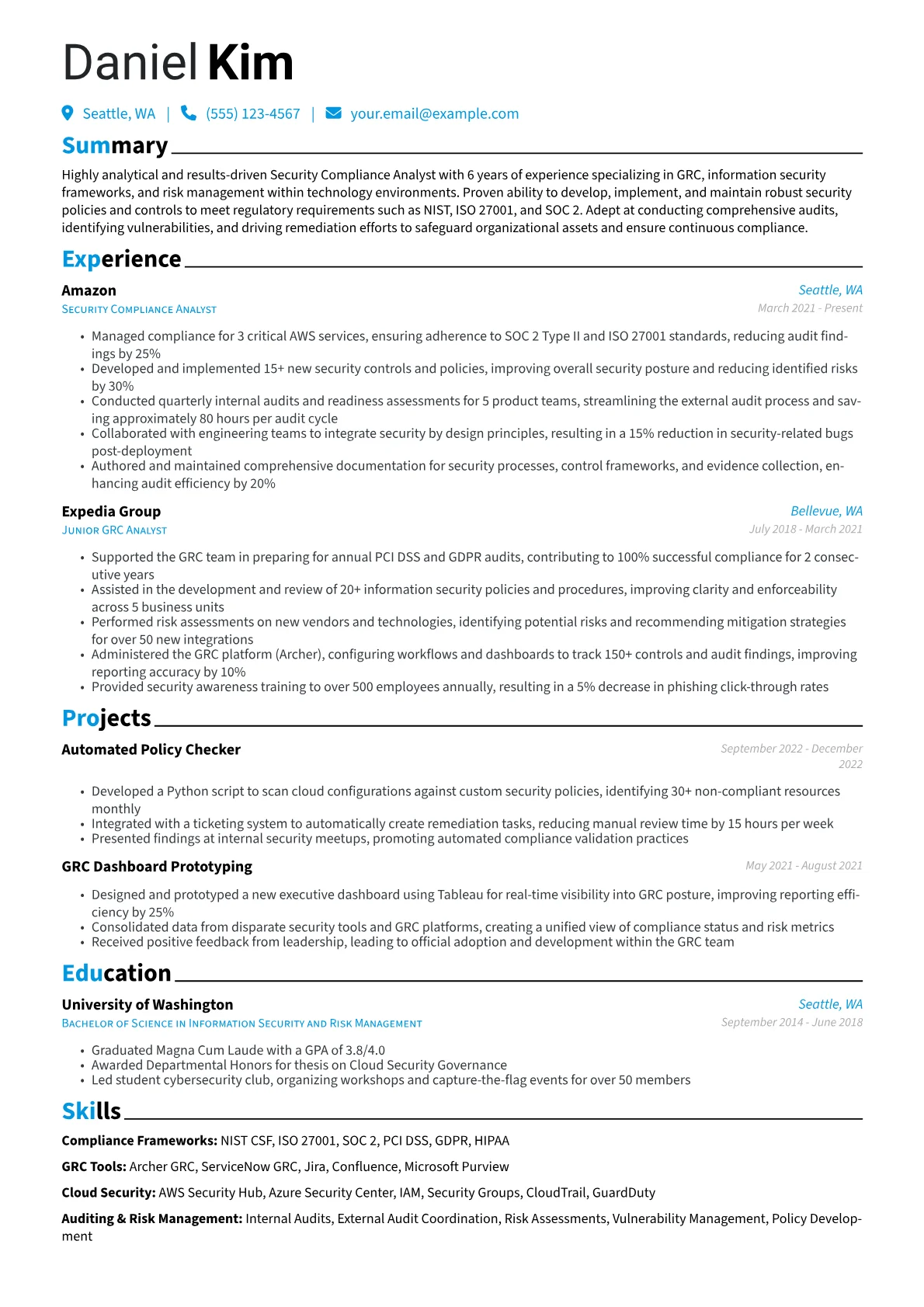 Security Compliance Analyst Resume Example CV template - Page 1