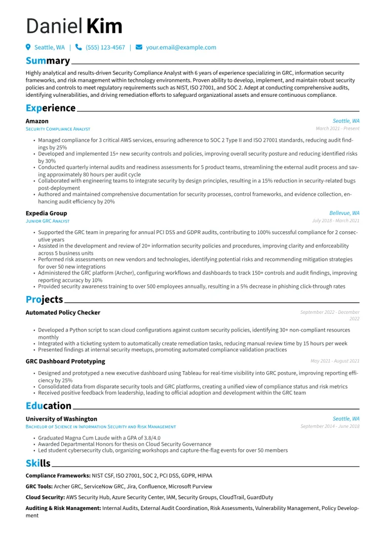 Security Compliance Analyst Resume Example CV template preview