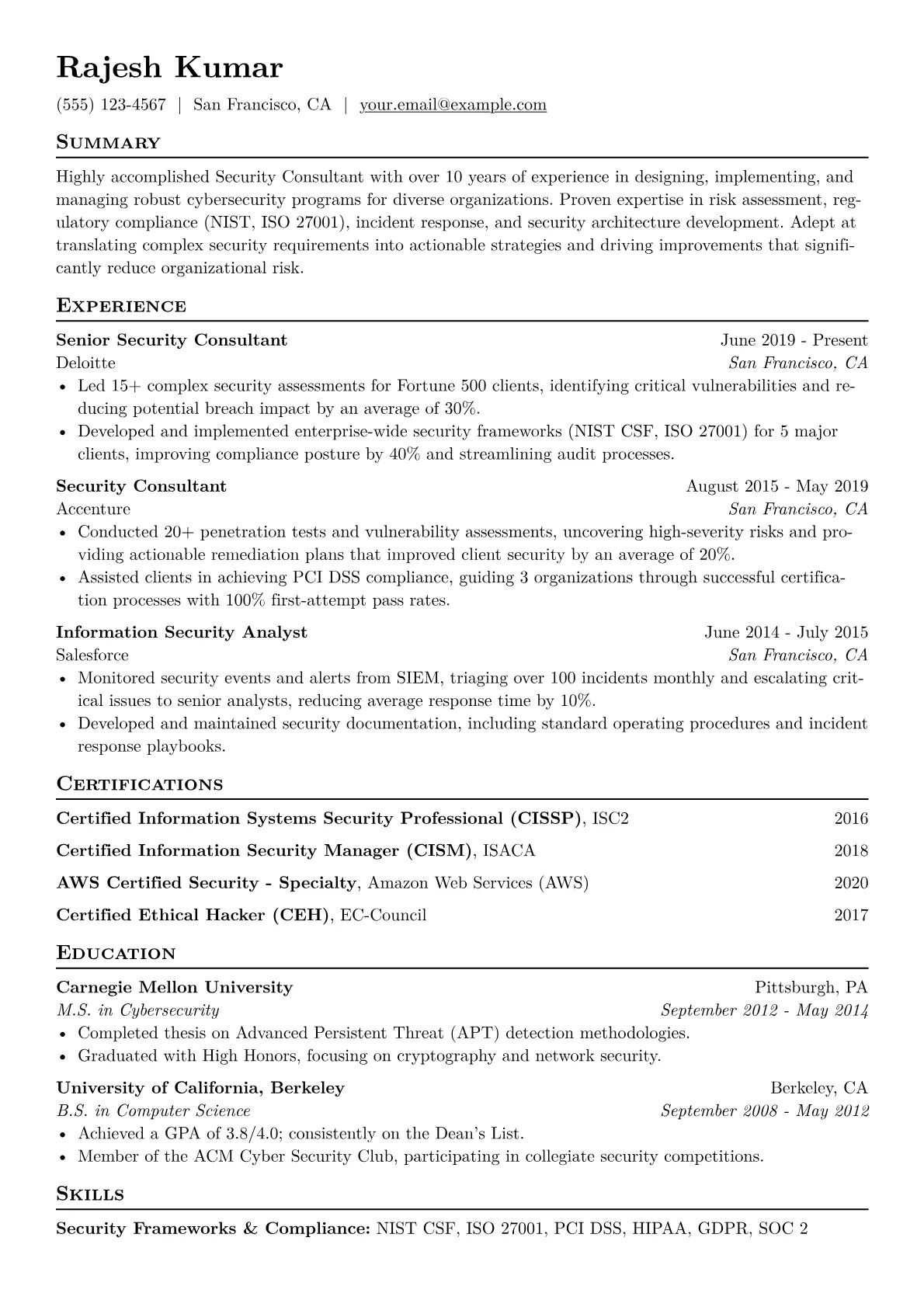 Security Consultant Resume Example CV template - Page 1