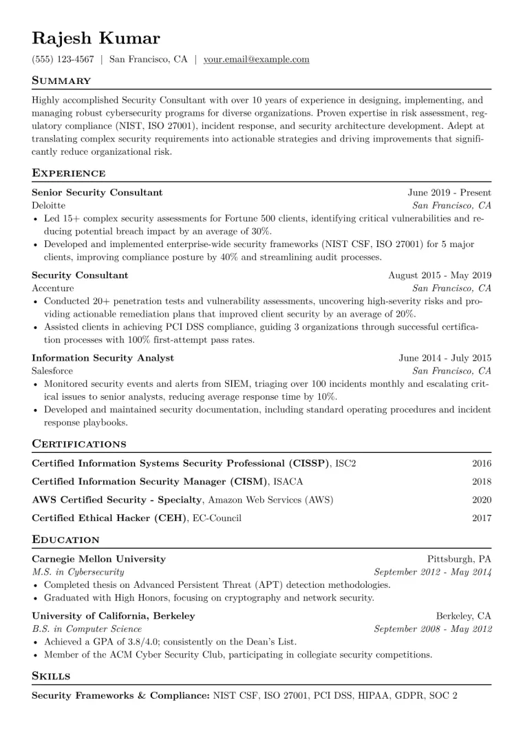Security Consultant Resume Example CV template preview