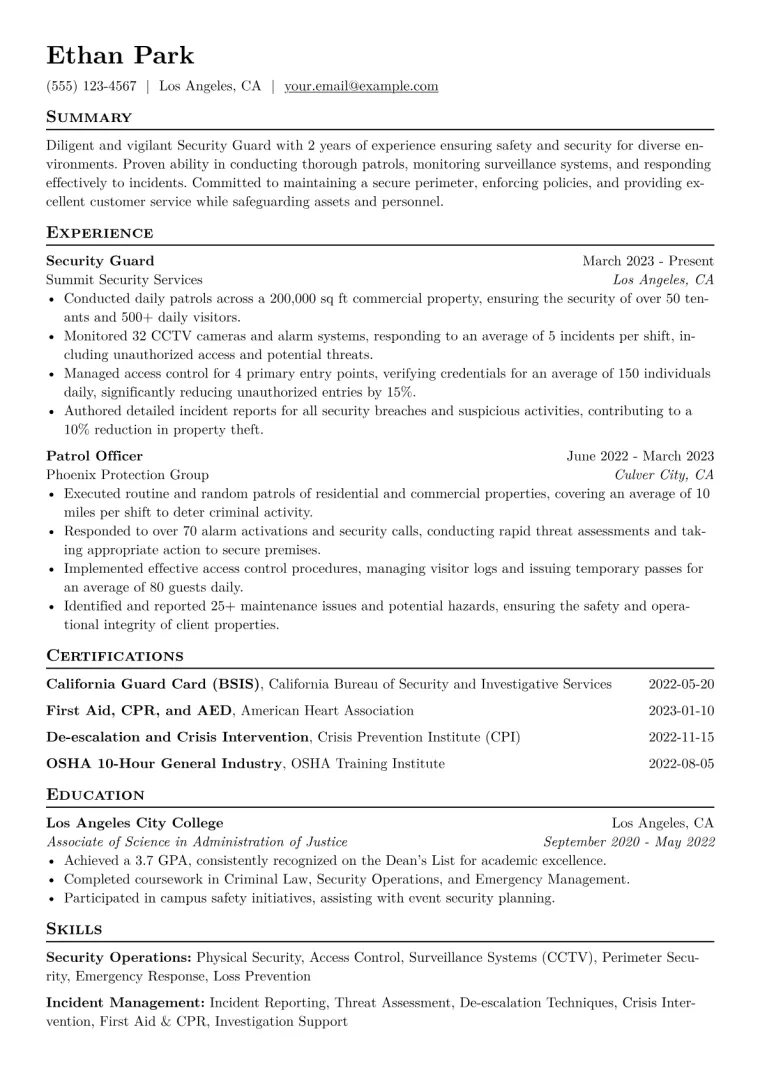 Security Guard Resume Example CV template preview