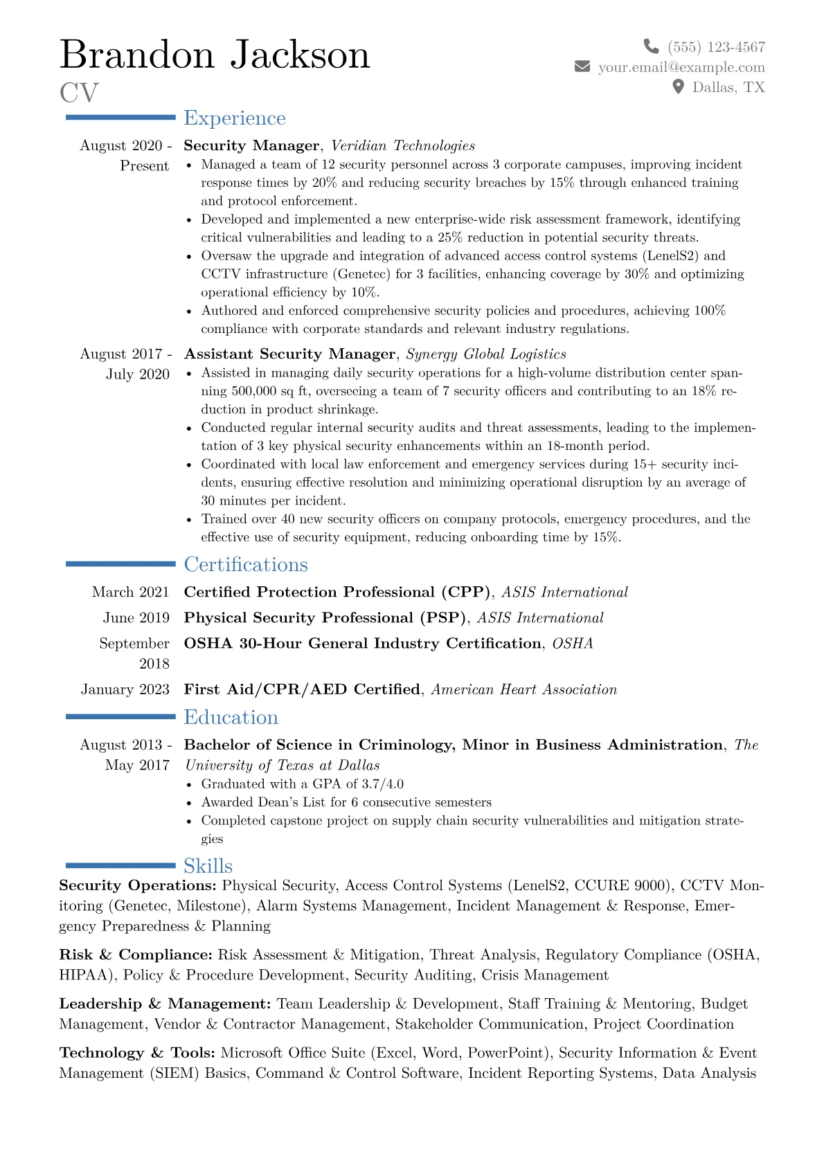 Security Manager Resume Example CV template - Page 1