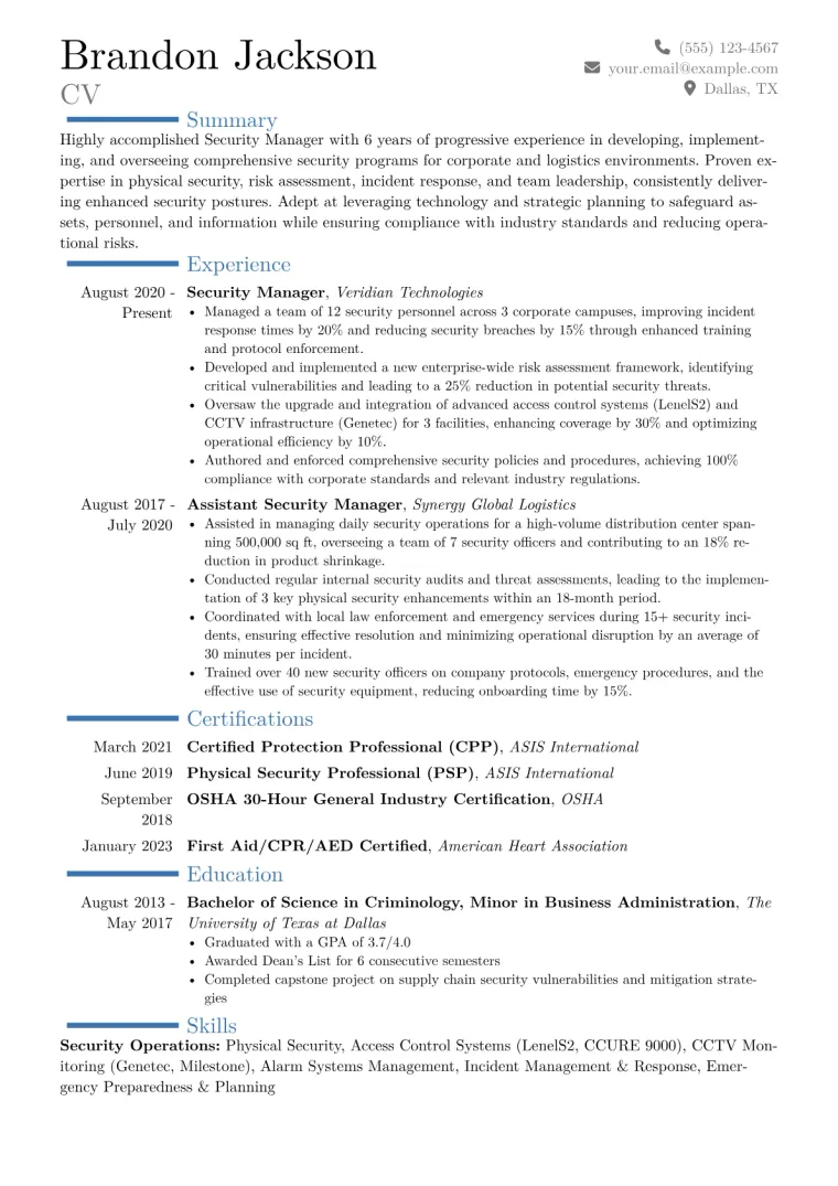 Security Manager Resume Example CV template preview