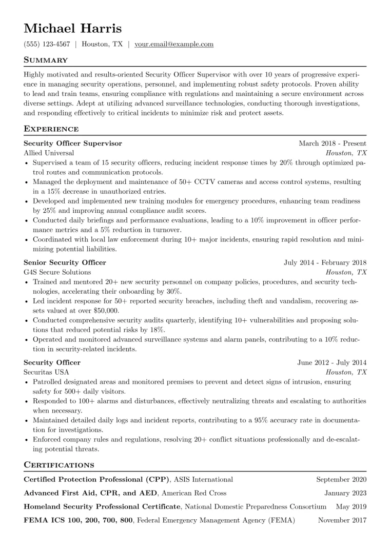 Security Officer Supervisor Resume Example CV template preview