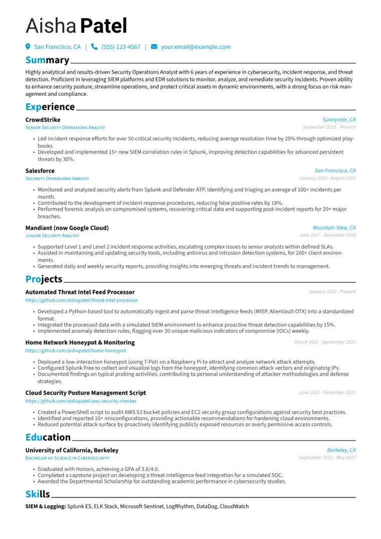 Security Operations Analyst Resume Example CV template preview