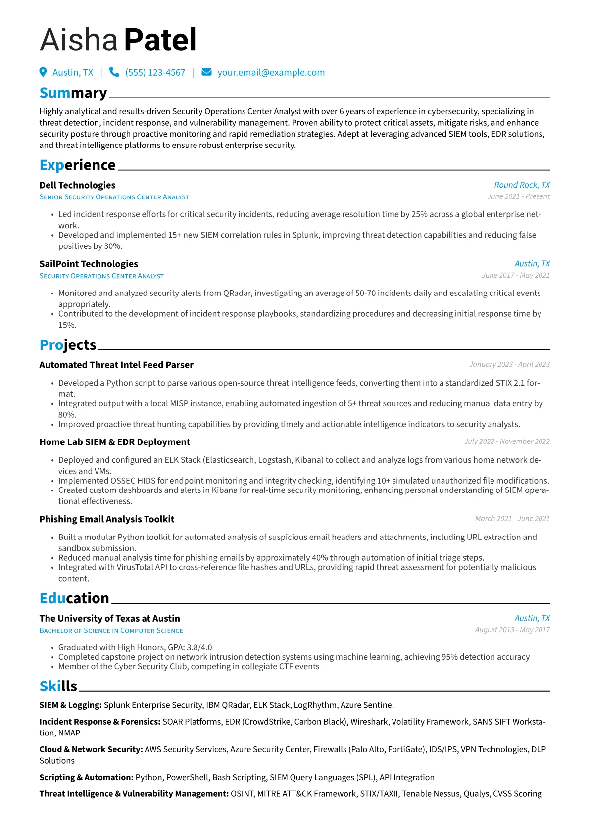 Security Operations Center Analyst Resume Example CV template - Page 1