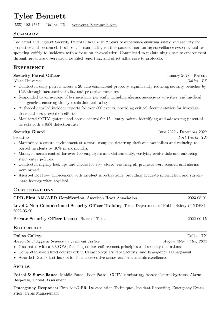 Security Patrol Officer Resume Example CV template preview