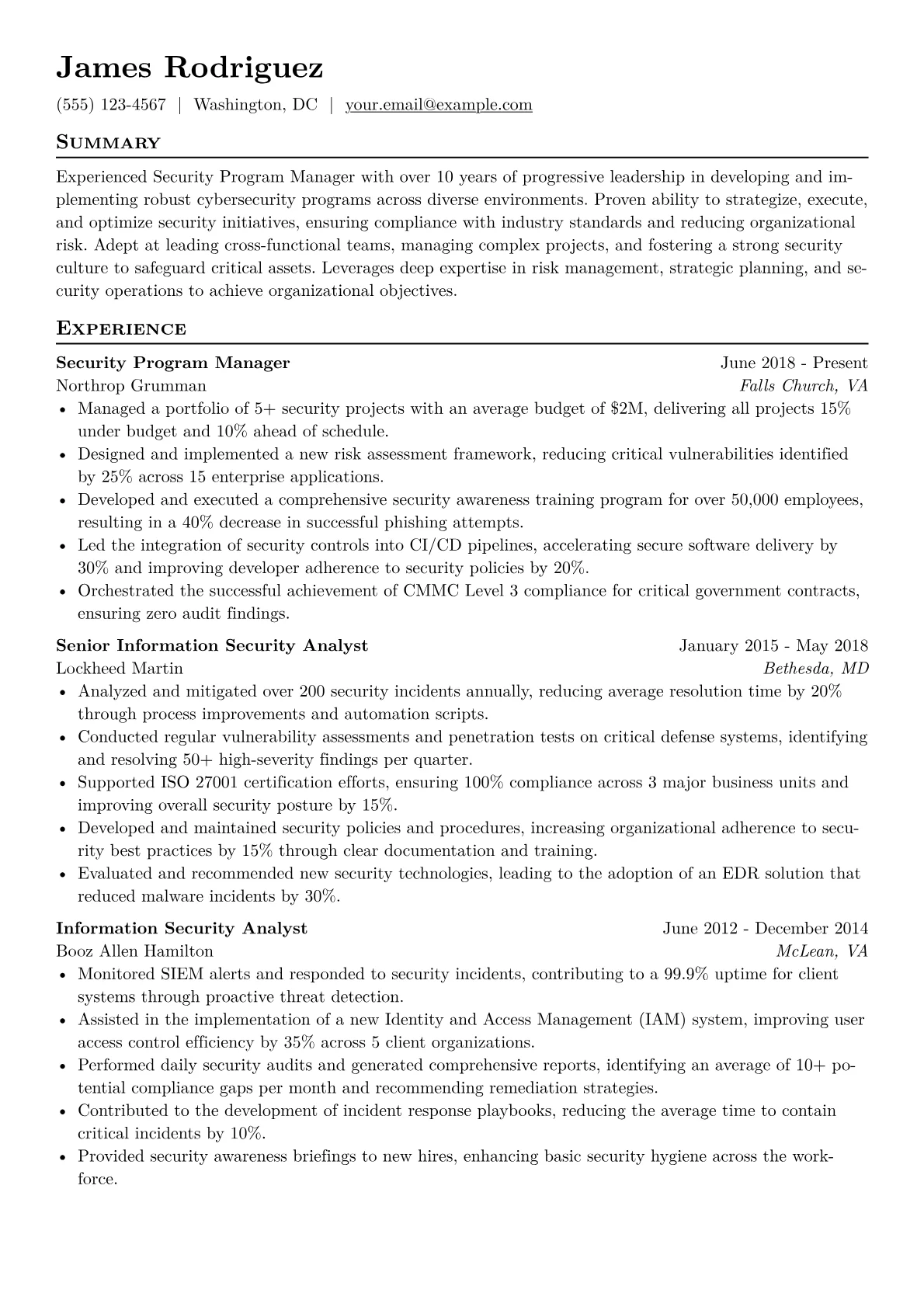 Security Program Manager Resume Example CV template - Page 1