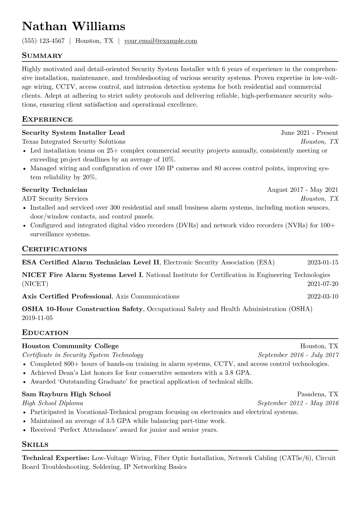 Security System Installer Resume Example CV template - Page 1