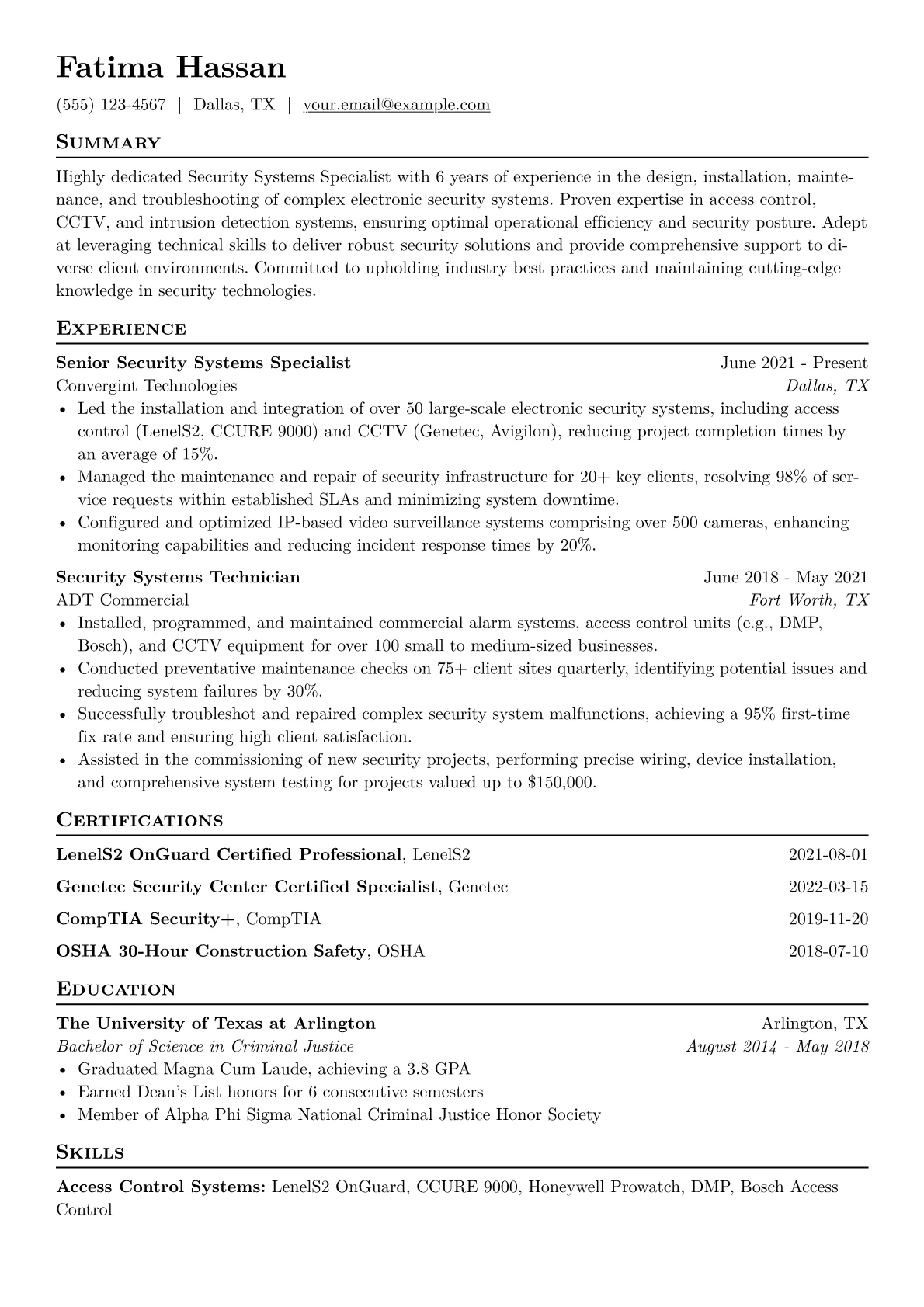 Security Systems Specialist Resume Example CV template - Page 1