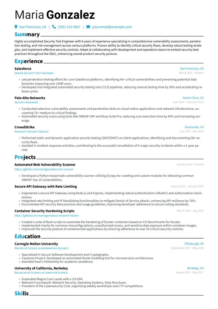 Security Test Engineer Resume Example CV template preview
