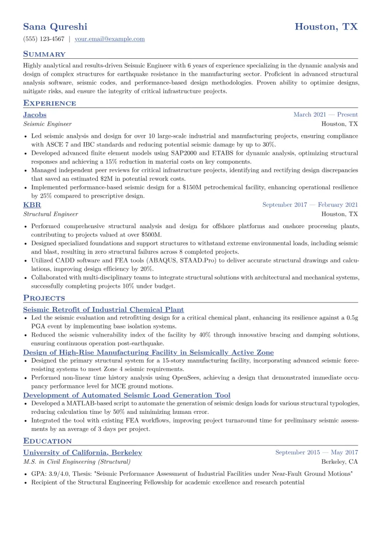 Seismic Engineer Resume Example CV template preview