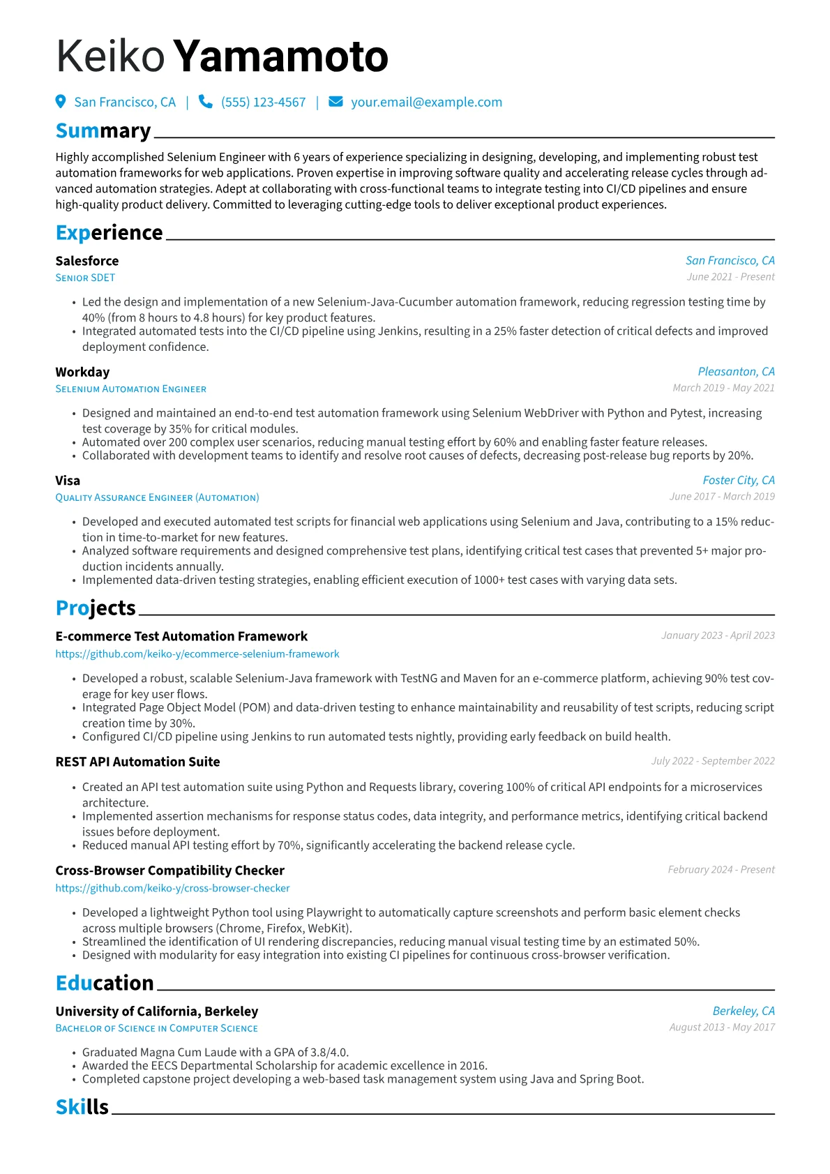 Selenium Engineer Resume Example CV template - Page 1