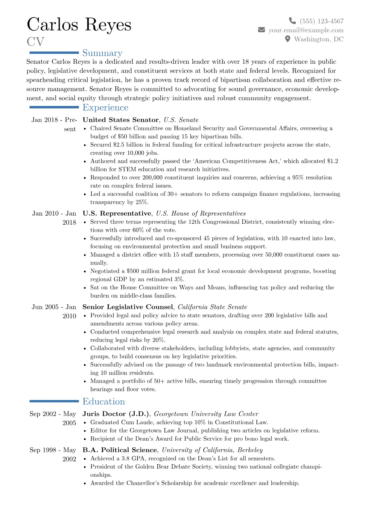 Senator Resume Example CV template - Page 1