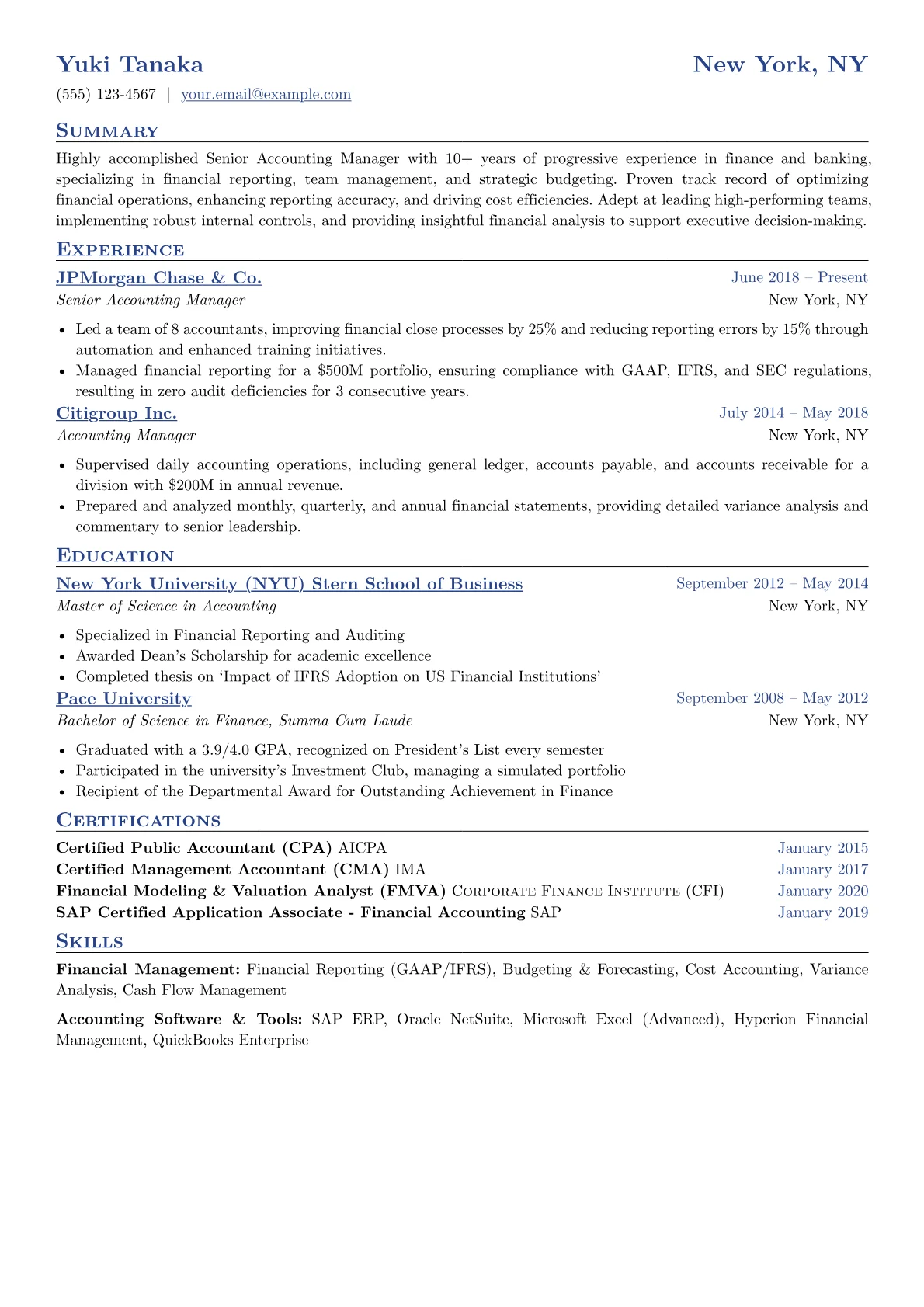 Senior Accounting Manager Resume Example CV template - Page 1