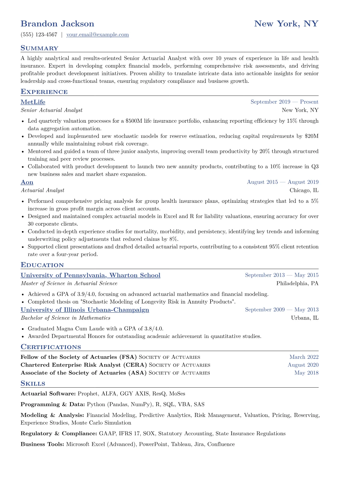 Senior Actuarial Analyst Resume Example CV template - Page 1