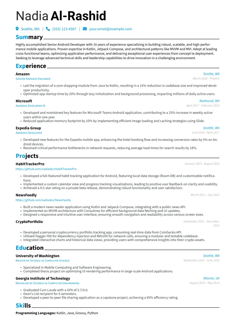 Senior Android Developer Resume Example CV template preview