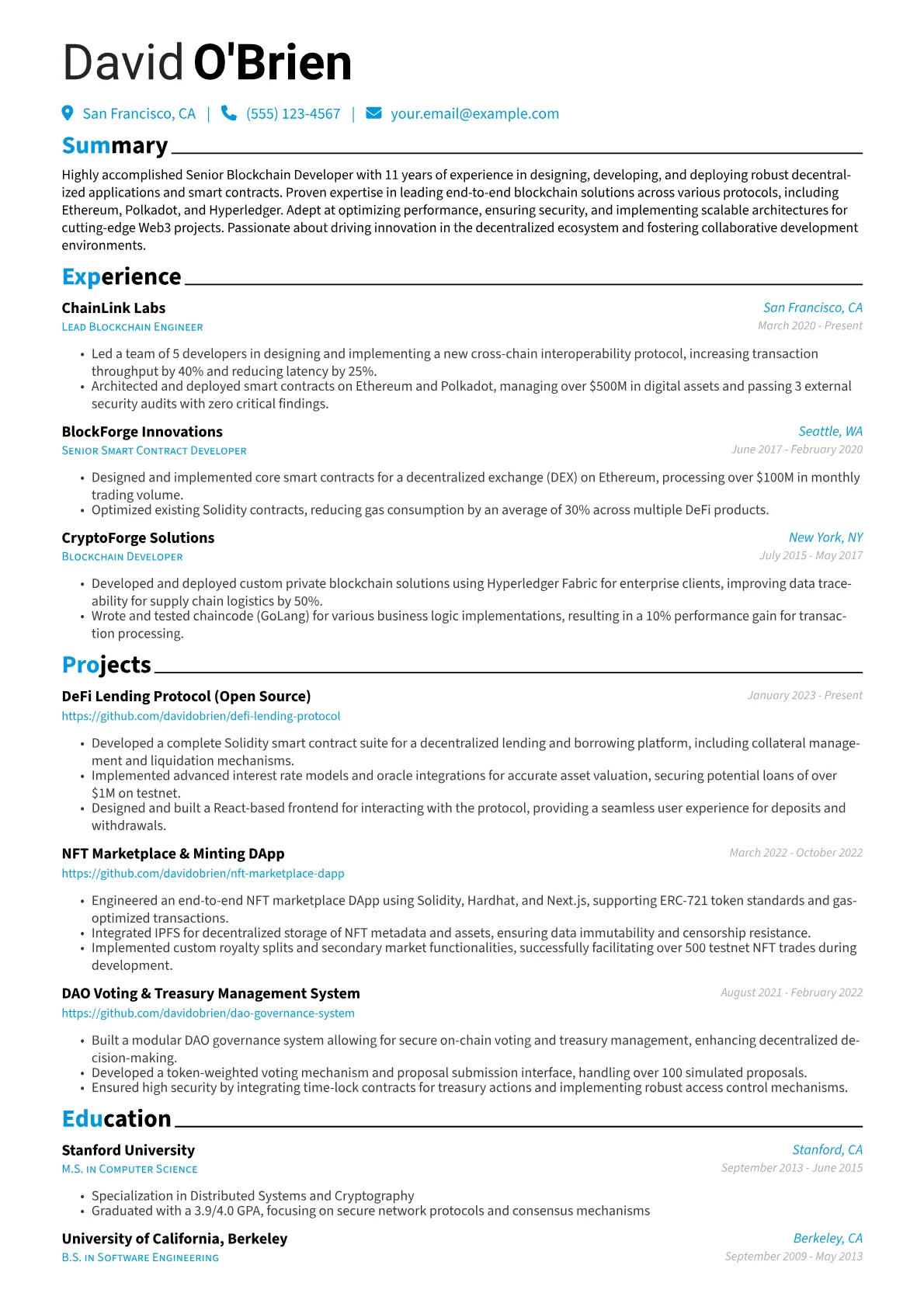Senior Blockchain Developer Resume Example CV template - Page 1