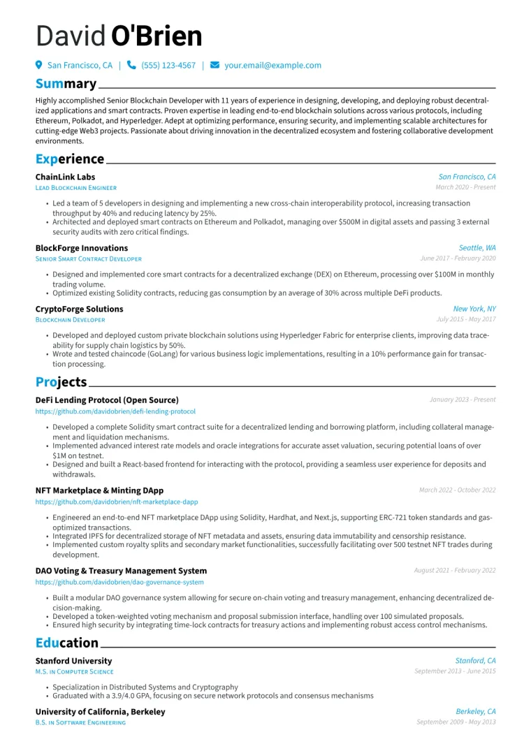 Senior Blockchain Developer Resume Example CV template preview