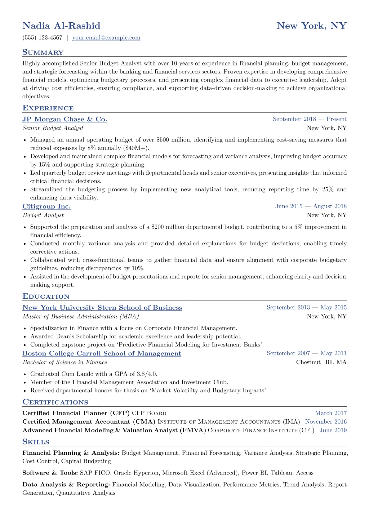 Senior Budget Analyst Resume Example CV template - Page 1