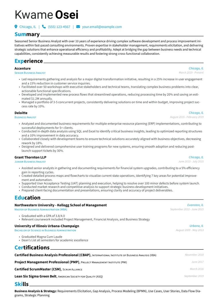 Senior Business Analyst Resume Example CV template preview
