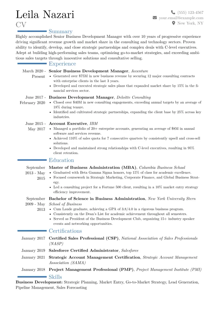 Senior Business Development Manager Resume Example CV template preview