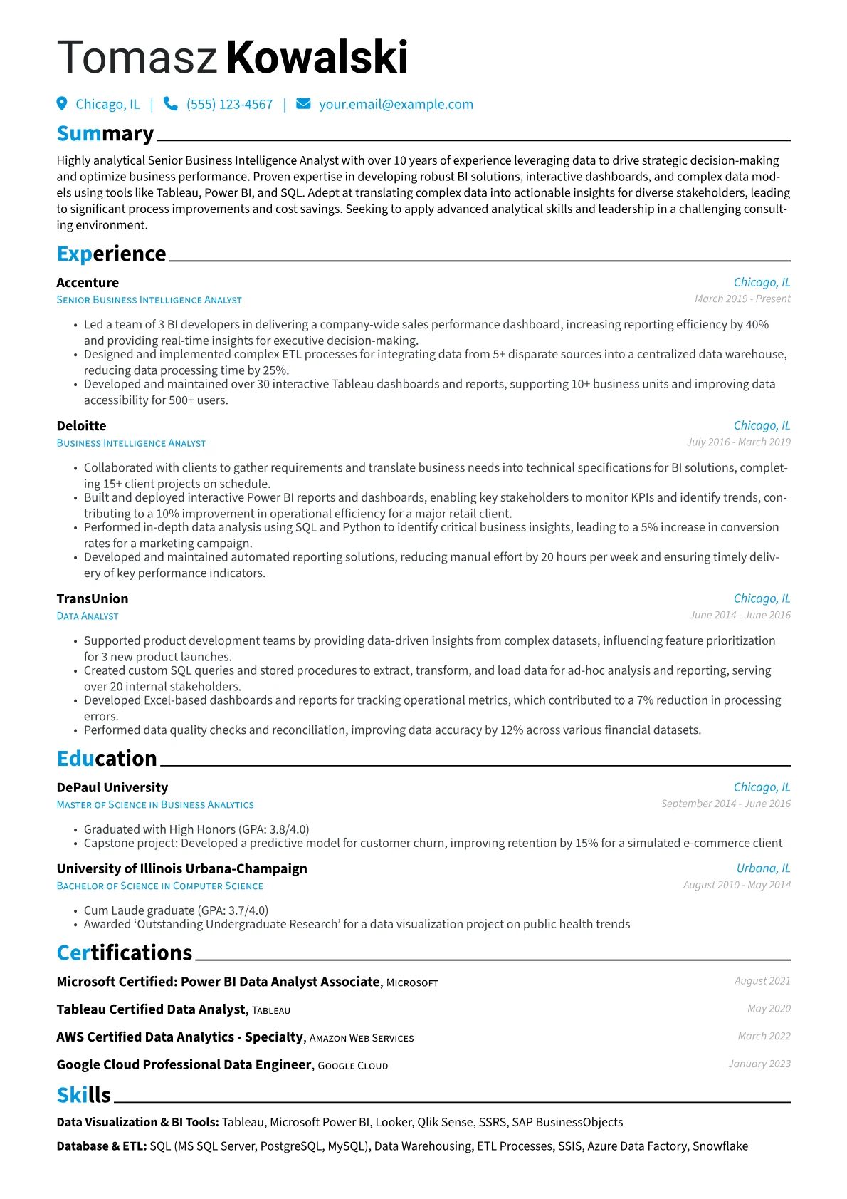 Senior Business Intelligence Analyst Resume Example CV template - Page 1