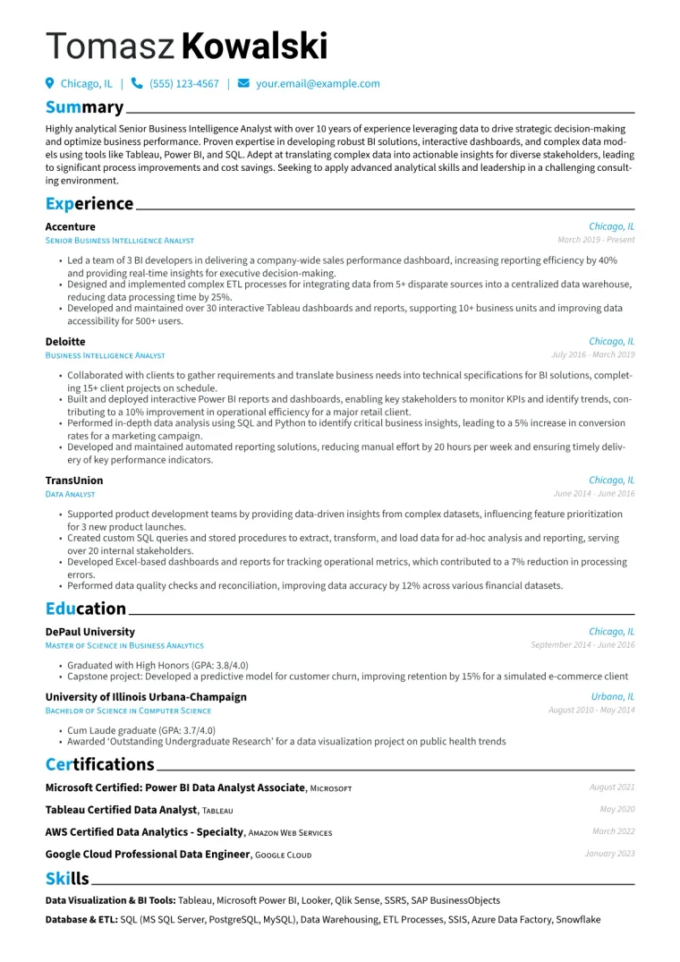 Senior Business Intelligence Analyst Resume Example CV template preview